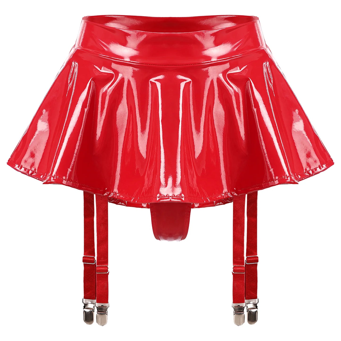 Sexy Womens Glossy Patent Leather Ruffle Mini Skirt Built-in Thongs Garter Belts Metal Clips Shorts Miniskirt Wet Look Clubwear