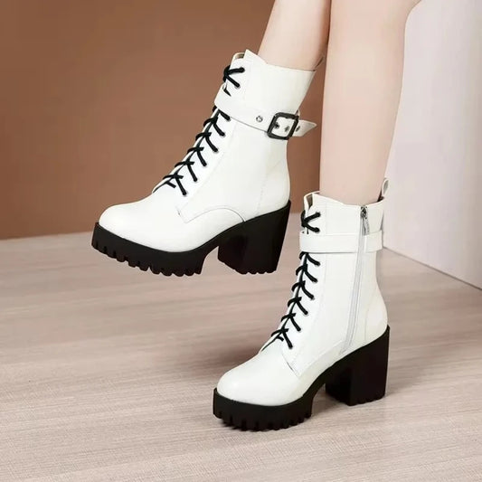 Plus Size 32-43 Platform Shoes Women Ankle Boots Leather Fall Winter High Heels Boots Ladies Plush Motorcycle