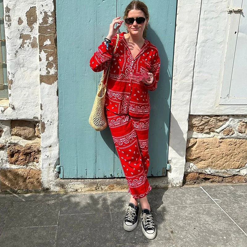 Women's Bandana Print Two Piece Set Boho Long Sleeve Shirt & Wide Leg Pants Matching Outfits for Beach Vacation Streetwear 2026