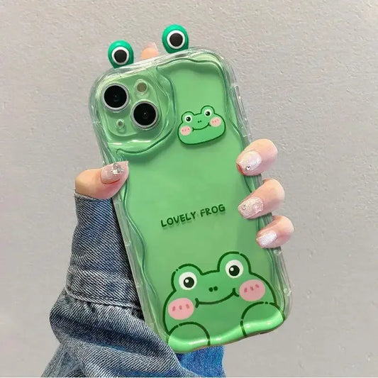 3D Bear Frog Eyes Cat Ears Phone Case For iPhone 16 15 Pro Max 14 11 13 12 Mini XR 8 7 Plus X XS SE Soft Silicone Curly Cover