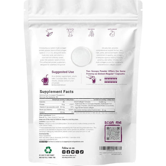 Multi Collagen Protein Powder 1 Pounds Type I II III V X with Biotin 10000mcg Hyaluronic Acid Vitamin C Unflavored Keto Paleo