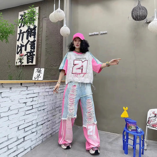 European Trend Suit Women's 2026 Summer New Printed Splicing Denim Ripped Loose Short-sleeved Straight Pants Tide