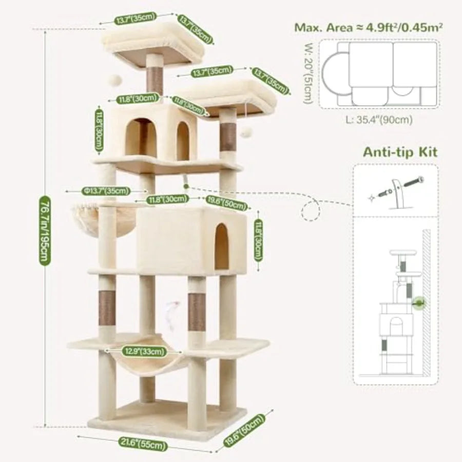76-Inch Extra Tall Cat Tree Tower with Cozy Condos Hammock and Perches for Adult Cats Beige Multi-Level Furniture for Climbing