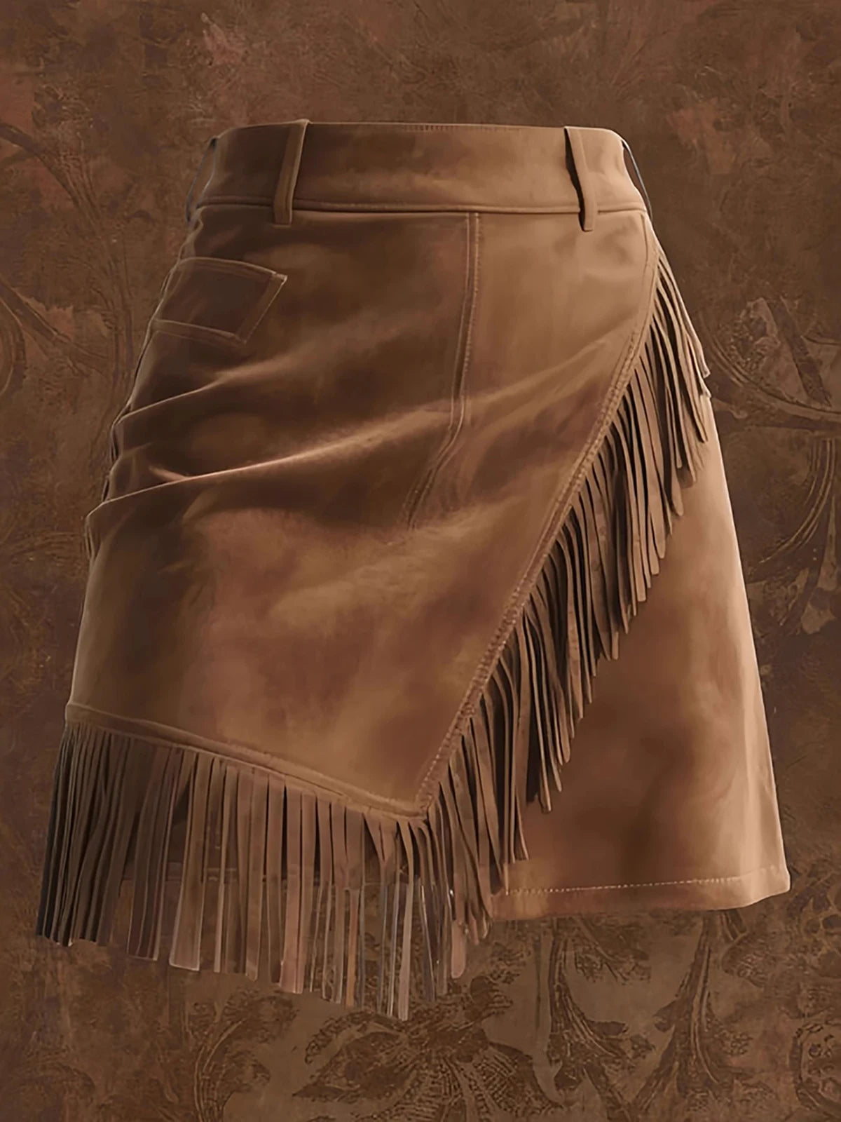 Vintage Tassel Suede Women's Elegant Skirt Brown Irregular Fashion Back Zipper Skirt Western Cowgirl High Street Chic Skirt