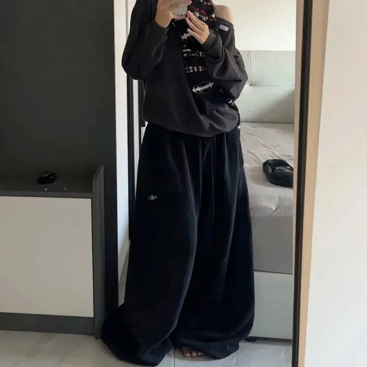 American Retro Hip-Hop Oversized Woman Black Casual Sweatpants Korean Streetwear Loose Jogging Pants High Waist Wide-Leg Pants
