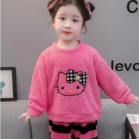 Hot Hello Kitty Girls Flannel Pajamas Sets Sanrio Kids Cartoon Kawaii Sweet Leisure Wear Keep Warm Autumn Winter Home Clothes