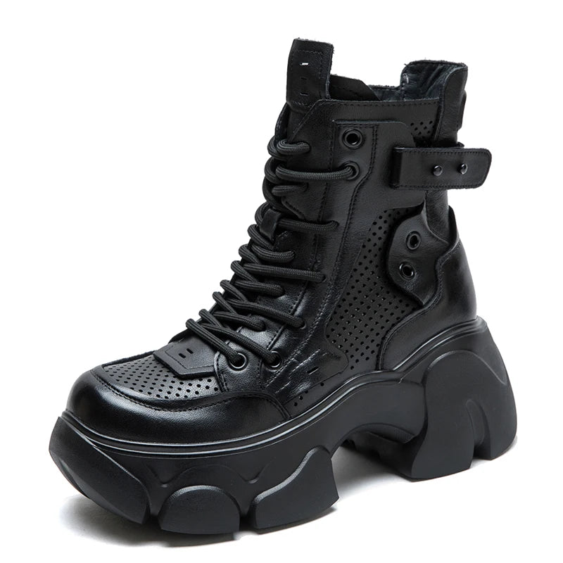 DRKANOL 2026 Summer Cool Boots Women 100% Genuine Leather Round Toe Hollow Out Breathable Thick High Heel Platform Ankle Boots