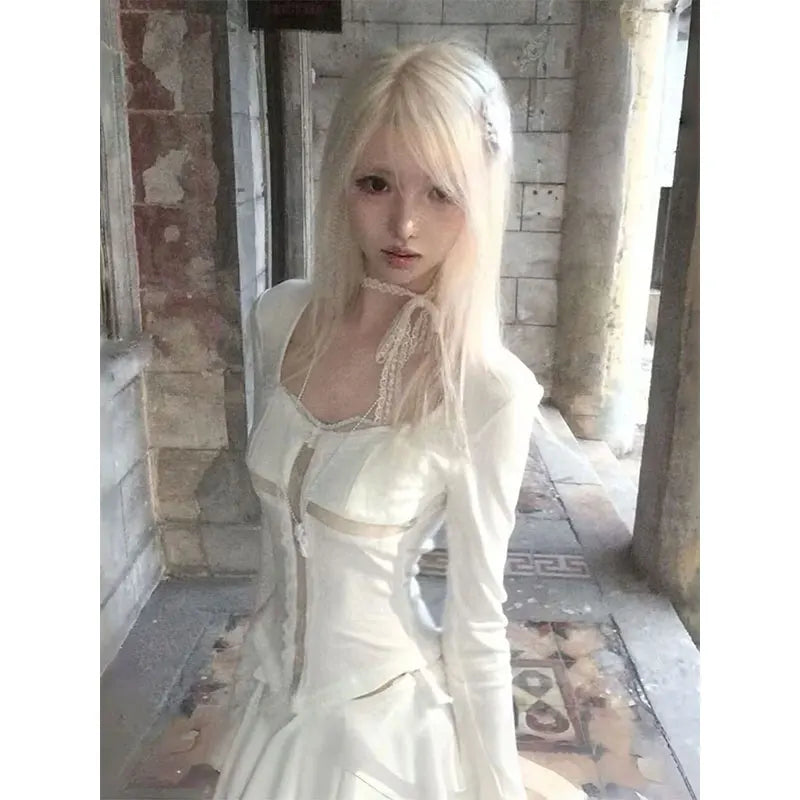 2026 New Casual Aesthetic Tshirts Y2k Fairycore Long Sleeve Women Lace Patchwork Crop Tees Streetwear Japanese 2000s Grunge Tops