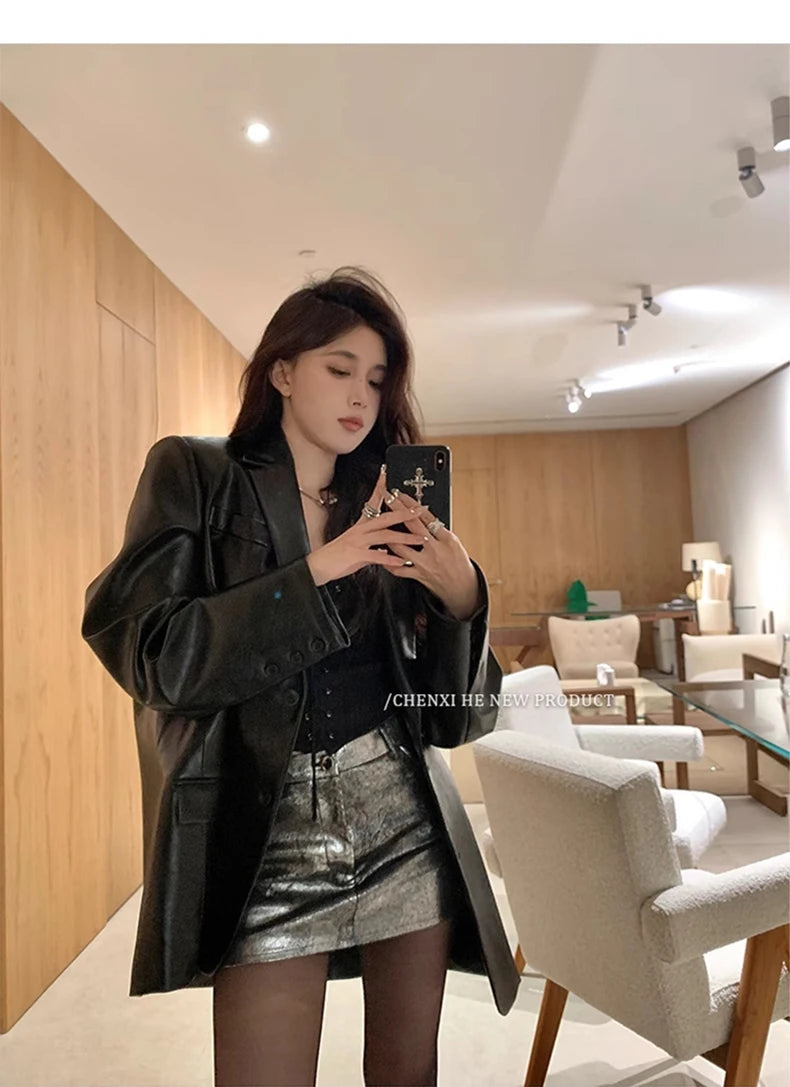 Lautaro Silver Reflective Shiny Patent Pu Leather Mini Skirt Women High Waist Sexy Y2K Clothes 2000s Streetwear