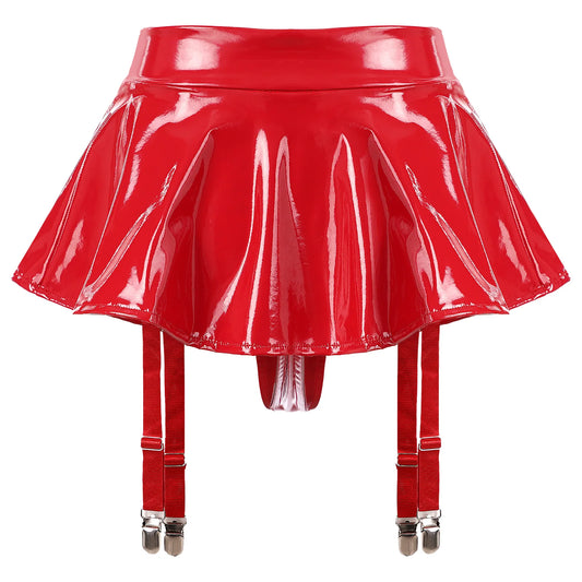 Sexy Womens Glossy Patent Leather Ruffle Mini Skirt Built-in Thongs Garter Belts Metal Clips Shorts Miniskirt Wet Look Clubwear