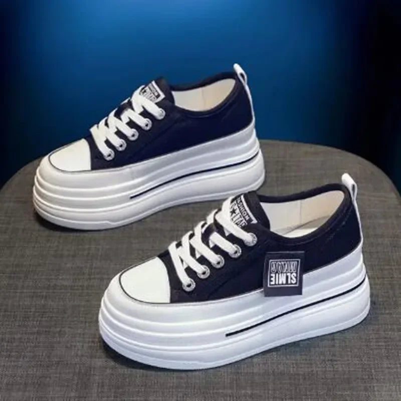 Vulcanized Platform Sneakers Wedge Shoes Non-slip Casual Shoes Women Autumn Lace-up Comfort Denim Canvas Shoes Thick Sole