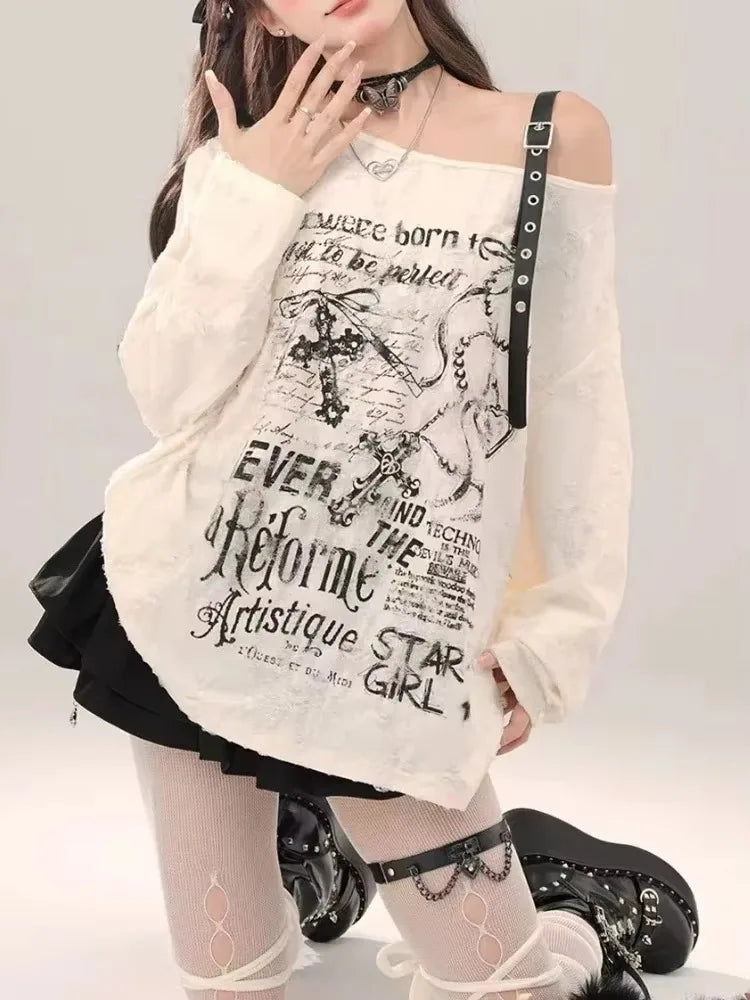 Y2K Gothic Grunge Dark Hollow Out T Shirt Women Harajuku Hollow Out Off Shoulder Sexy Tees Autumn Punk Letter Print Tops New