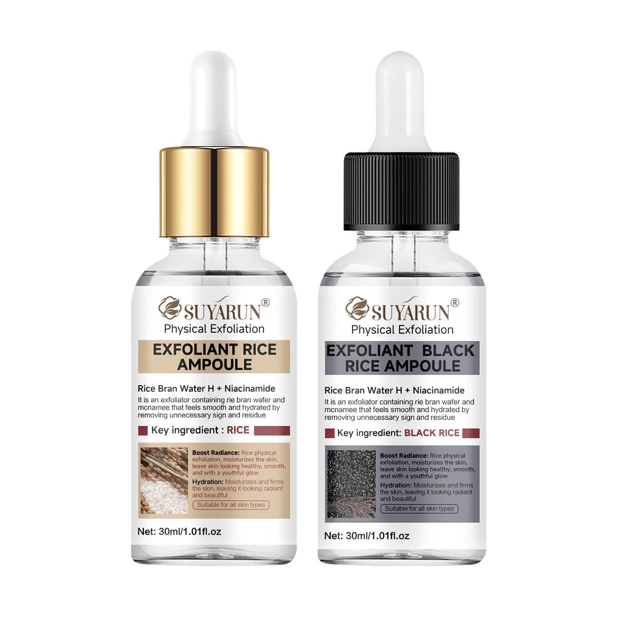 SUYARUN Rice & Black Rice Scrub & Serum Duo - Natural Exfoliating Kit for Face/Body | Pore Cleansing + Brightening Skincare Set.