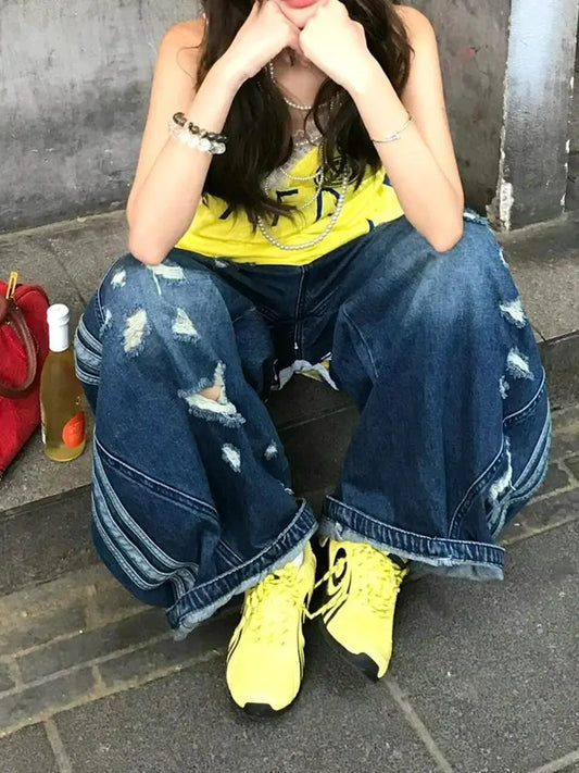 Vintage Blue Women Ripped Jeans High Waist Hip Hop Straight Baggy Denim Pants Streetwear Y2K American Retro Wide Leg Trousers