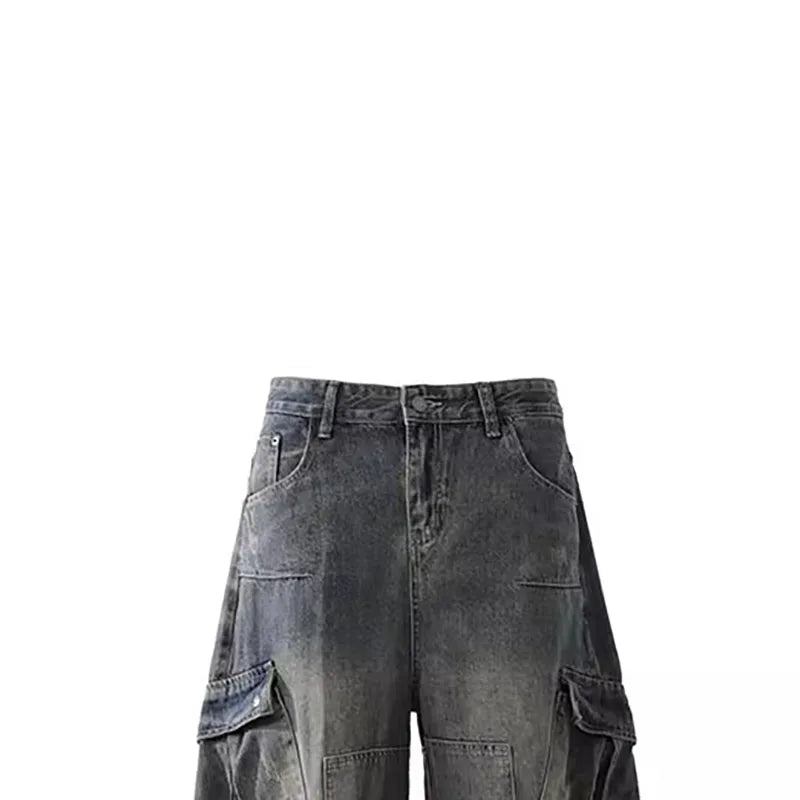 Retro Multi Pocket Curved Knife Jeans Autumn And Winter Vintage Wide Leg Workwear Pants Korean Version High Street Men'S Jeans