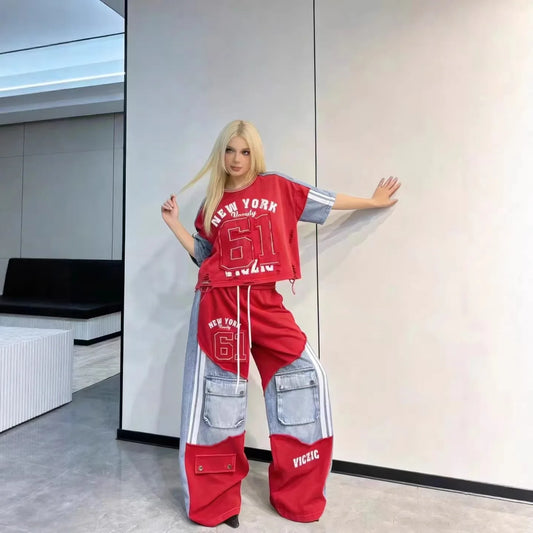 European Casual Suit Women's 2026 Spring and Summer New Letter-printed Trousers Denim Splicing Ripped Short-sleeved Top