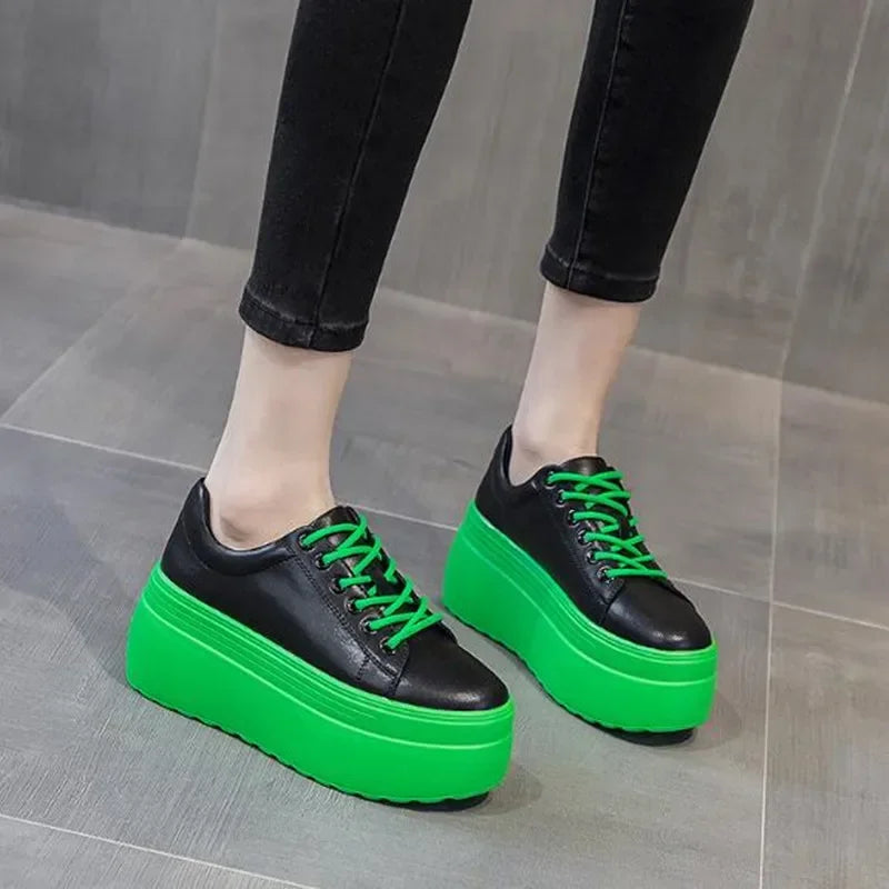 Genuine Leather Women Casual Shoes Super Thick 8cm Platform Wedge Fashion Sneakers Chunky Spring Autumn Flats Zapados Mujer