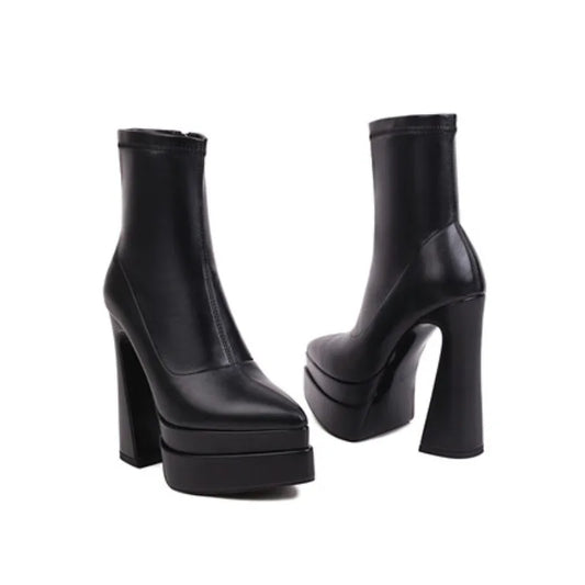 New 2026 Style Fashion High-heeled Women's Boots Solid PU Pointed Toe Zipper Platform Square Heel Women's Boots
