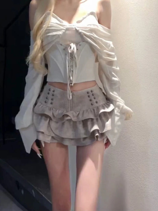 French Fashion Y2K Vintage Suede Studded Mini Skirt Women Autumn Winter Retro Grunge Puff Cake Skirt Design Sense Short Skirt