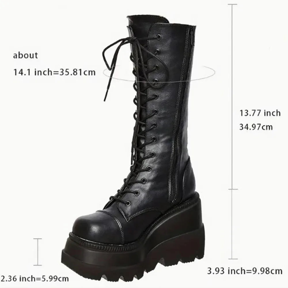 DoraTasia Black Gothic Fashion Round Toe Side Zipper Lace Up Women's Mid Calf Boots New INS Christmas Street Party Shoes Woman43