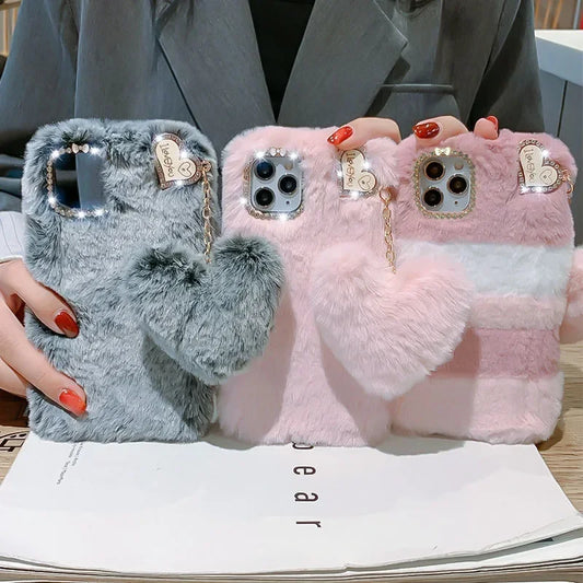 Luxury Diamond Love Fluffy Plush Fur Soft Phone Cases For Samsung S25 Ultra Case S24 FE A06 A16 A26 A36 A56 A05S A15 A25 A35 A55
