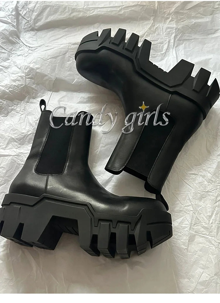 Retro Chelsea Mid-Calf for Women New round Toe Muffin Gear Platform Black Mid-Calf Length Motorcycle Boots