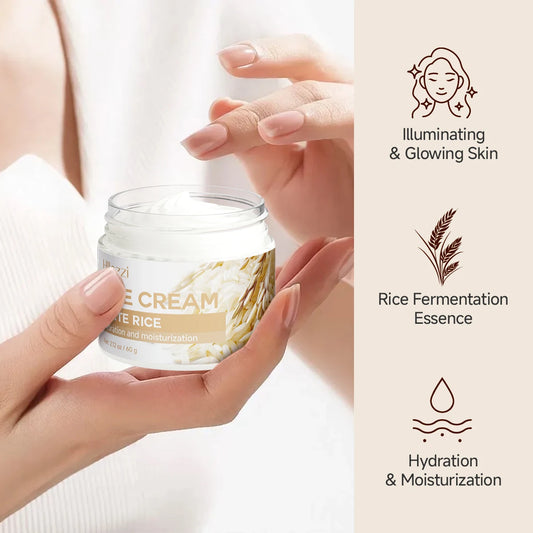 Rice face cream naturally moisturizes the skin, deeply cleanses, and has a cooling effect; suitable for all skin types.