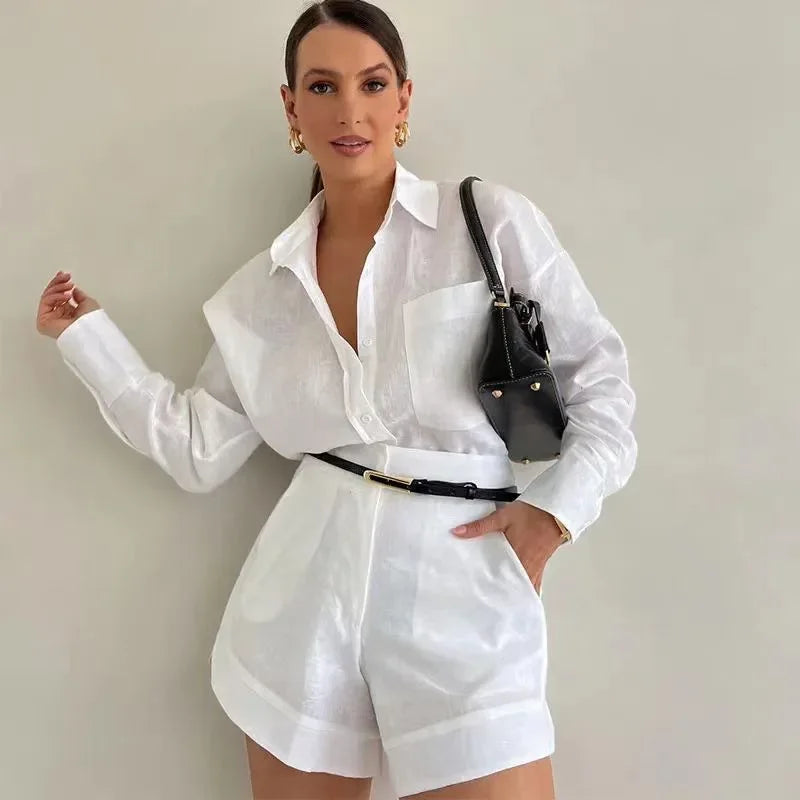 New Women's Long Sleeve 2-Piece Set Casual Button Detail Shorts Outfit Shirt Top Summer Fashion Female Suit Y2k Clothing