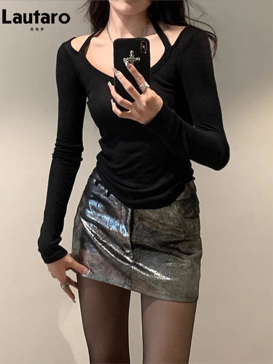 Lautaro Silver Reflective Shiny Patent Pu Leather Mini Skirt Women High Waist Sexy Y2K Clothes 2000s Streetwear
