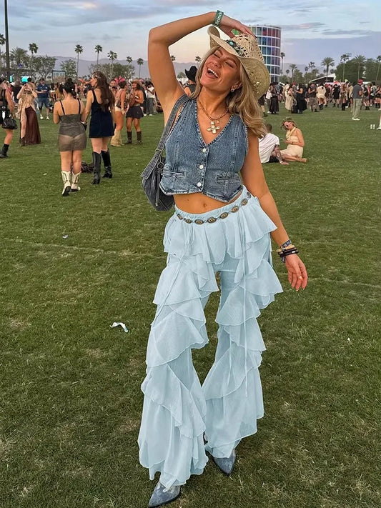 Weird Puss Irregular Tierred Flare Pants Women Y2K Patchwork See Through Summer Hipster Wild Basic Street Trend Classic Trousers