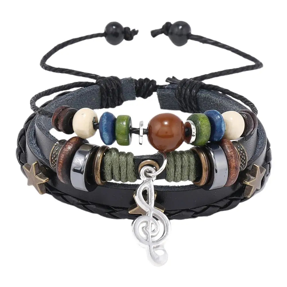 Adjustable 2026 Trendy Musical Note Wood Beads Niche Design Leather Gypsy Hippie Bracelet Vintage Rope Layered Bracelet