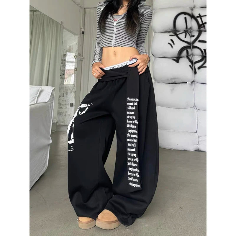 ZHIZOU Women Gray Gothic Baggy Y2k Letter Print Pants Harajuku 2000s Vintage Oversize Sweatpants Wide Leg Trousers Autumn