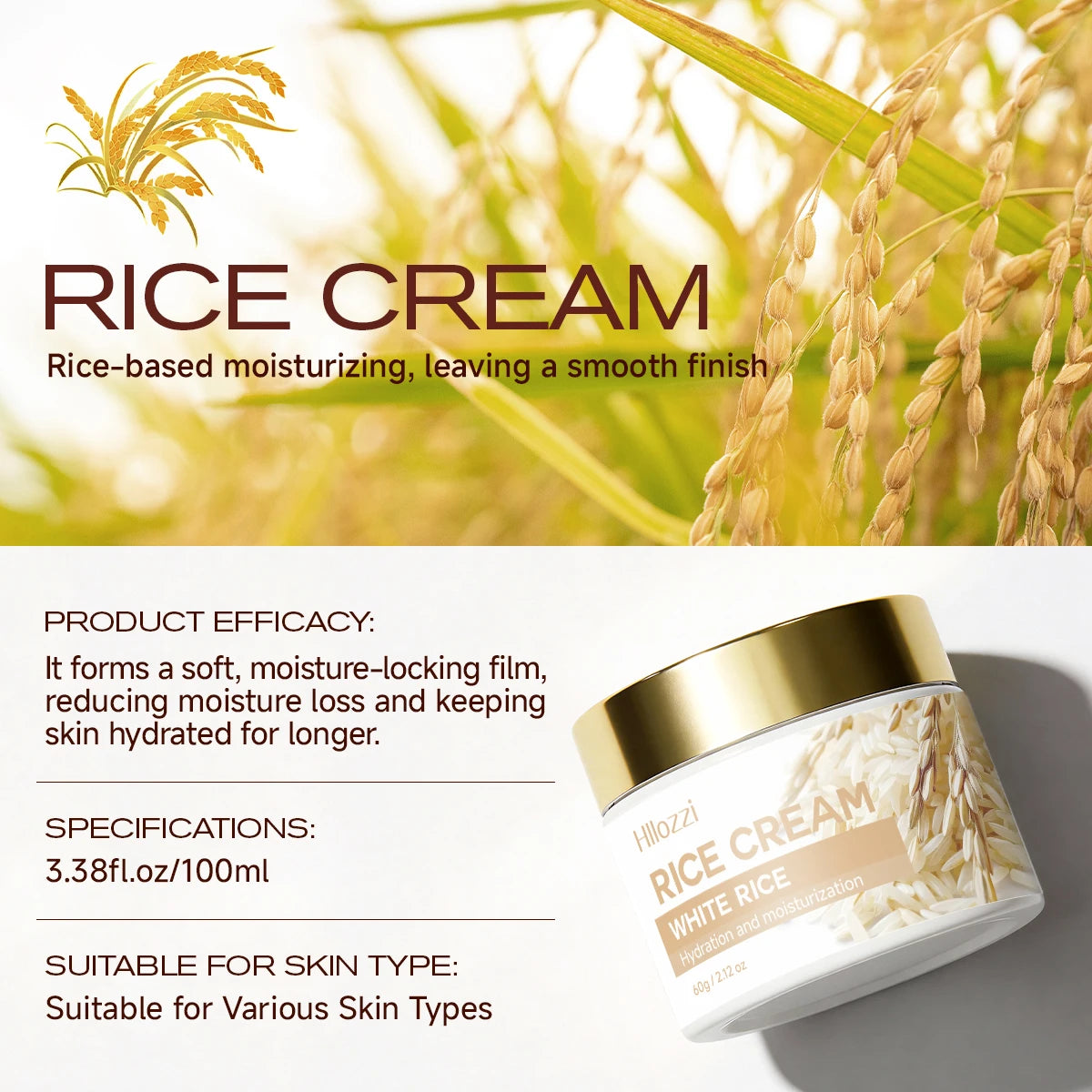 Rice face cream naturally moisturizes the skin, deeply cleanses, and has a cooling effect; suitable for all skin types.