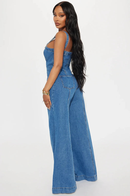 Summer Jeans Flare Pants Jumpsuit Sexy Women V-neck Elegant Denim Straight Romper Overalls