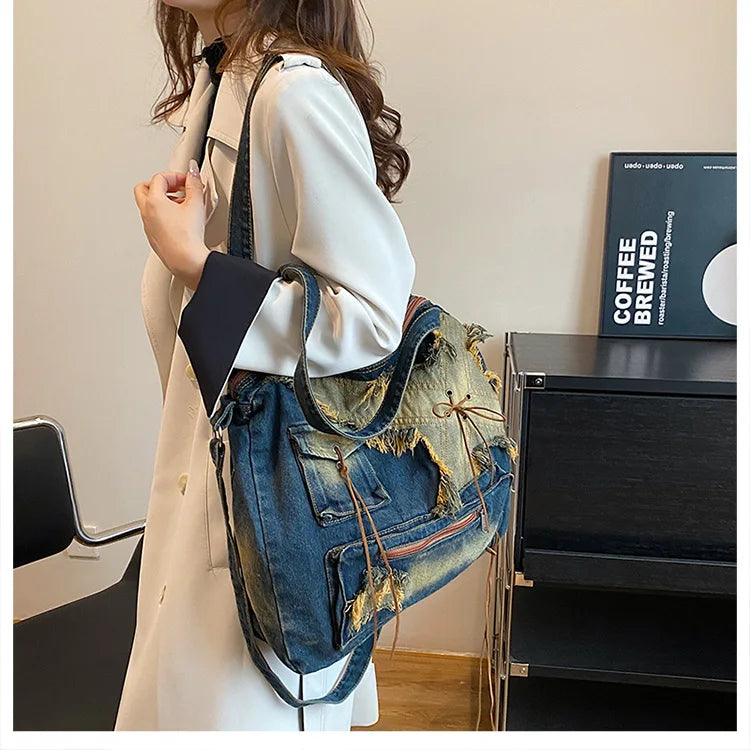 Denim Y2k Womens Shoulder Bag Vintage Washed Distressed Fashion female Messenger Bag Large Capacity ladies Handbag Sac totes
