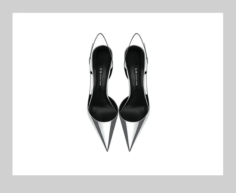 Silver patent leather one-piece buckle high-heeled sandals with pointed edges and slim heels, stylish and stylish rear sole