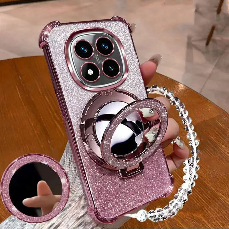 Glitter Magnetic Mirror bracelet Holder Case For Xiaomi Redmi Note 14 13 12 Note14 Pro Plus 14S 14C 13C 4G 5G Shockproof Cover