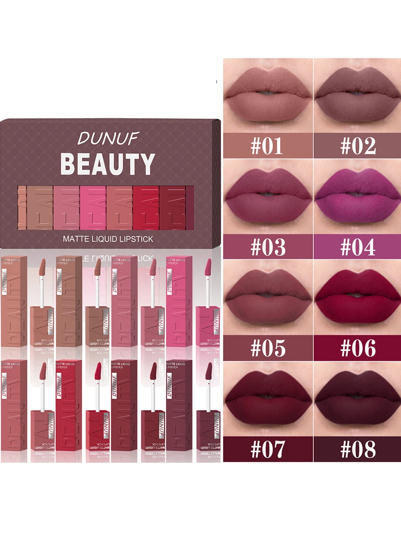 8Pcs/Set Nude Brown Matte Liquid Lipstick Velvet Sexy Dark Red Lip Glaze Non-stick Cup Not Easy To Fade Lip Gloss Lipstick Makeu