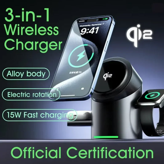 New Qi2 3In1 Magnetic Wireless Charger 15W Fast Charging Station Touch Button for IPhone Android Phones iWatch AirPods