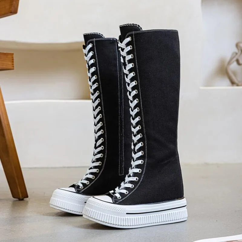 NEW Luxury Platform Boots Women Canvas Casual High Top Shoes Long Boot Lace-Up Zipper Comfortable Flat Sneakers Tenis Feminino
