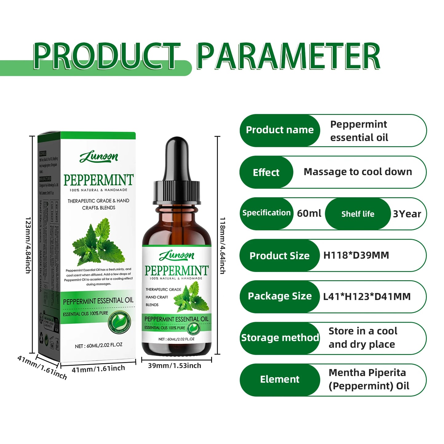 60ml Peppermint Body Essential Oil for Massage & Aromatherapy, Handmade, Cool & Fresh Body Oil