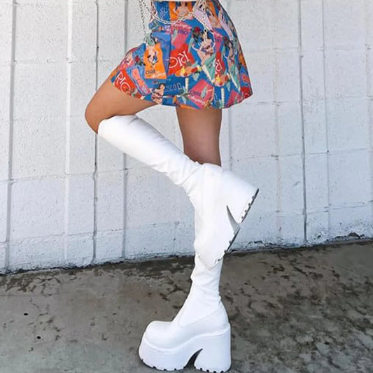 .DoraTasia Fashion Round Toe Chunky Heel Women's Stretch Boots INS Punk Street Snap Motorcycle Nightclub Winter Shoes Woman