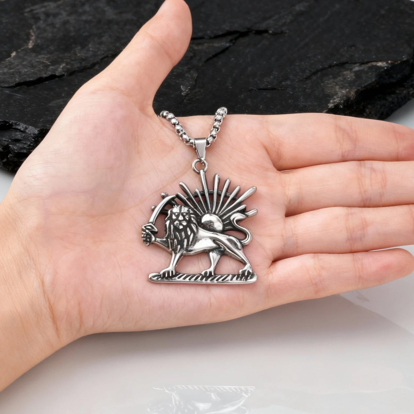 Persian Shir Khorshid Lion Sun Pahlavi Necklace for Men,Silver Color Stainless Steel Sickle Lion Necklace,Iranian Jewelry