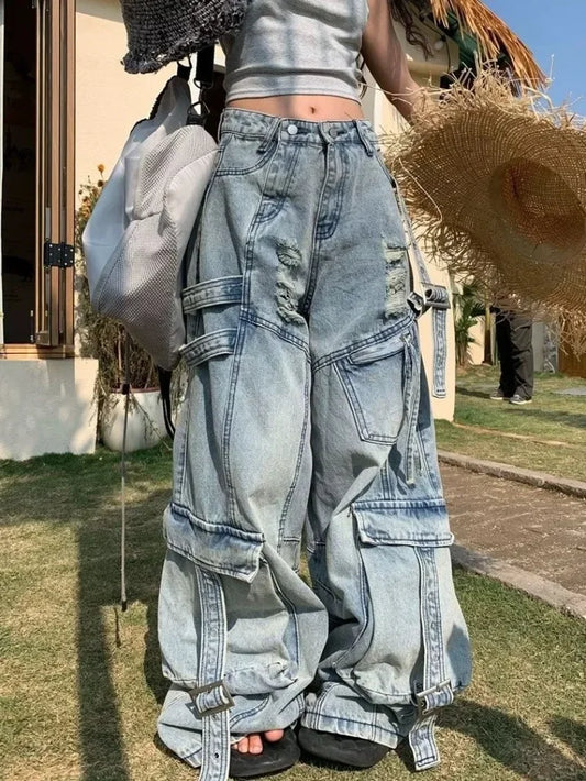 American New Fashion Vintage Washing Heavy Industry Multi-pocket Tooling Jeans Female Y2K Street Popular Baggy Drop Pants Tide