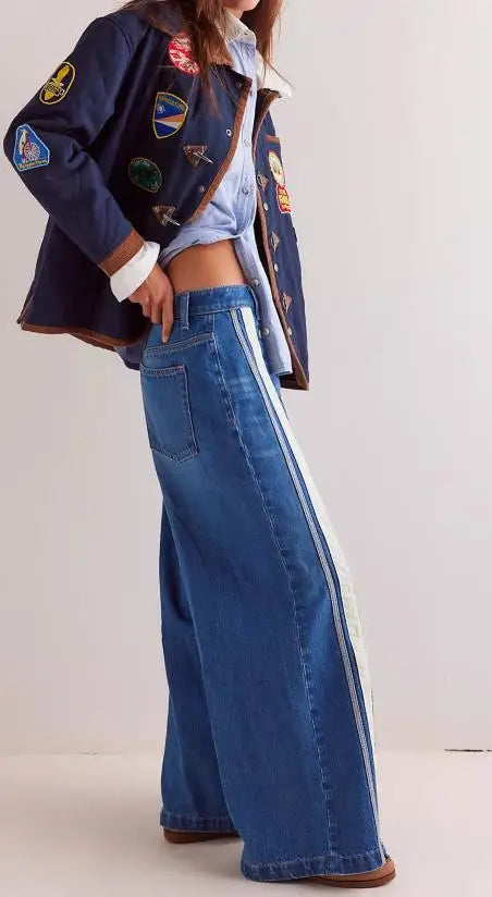 New European American Fashionable, Retro and Individuality Wide-leg Floor-length Denim Trousers with A Slit and Two-tone Design