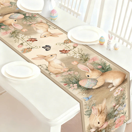Easter Bunny Polyester Table Runner Happy Easter Decorations for Home Rabbit Butterfly Table Cloth Easter Party Supplies