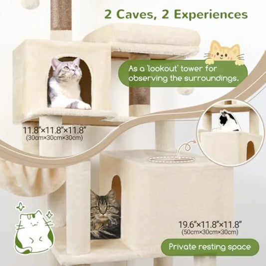 76-Inch Extra Tall Cat Tree Tower with Cozy Condos Hammock and Perches for Adult Cats Beige Multi-Level Furniture for Climbing