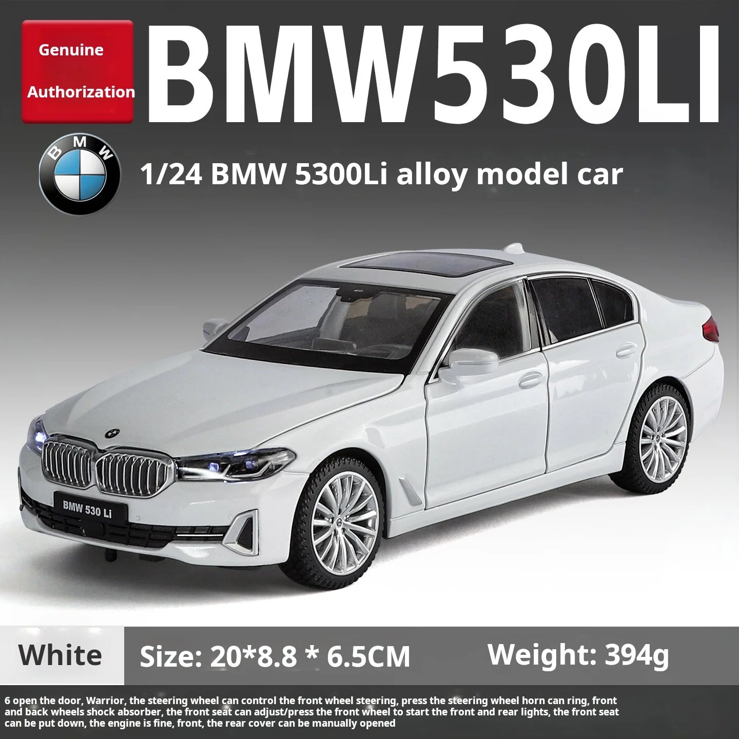 BMW 530 1:24 Scale Diecast car Model Toy with Sound & Light Pull Back Gift collectible ornaments