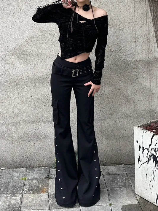 Retro new pure black rivet design belt decorative slim pants for women y2k Harajuku Goth low-waisted flared pants