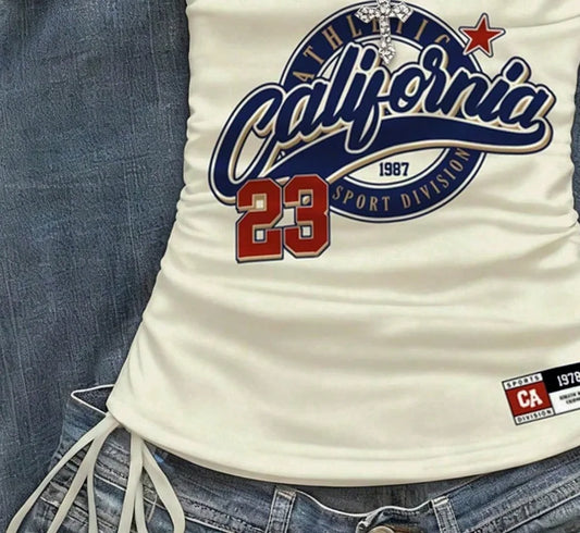 cropped top ,Women's Summer Drawstring Tie Front Cutaway Tapered Tank Top, Fashionable Resort-Fit Sporty Print Strappy Top